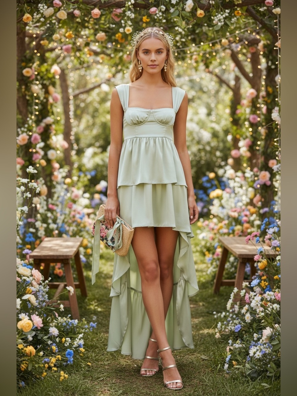 WeWoreWhat|Satin Effect High Low Layered Dress|Sage Mint Green| Size 4| EUC
